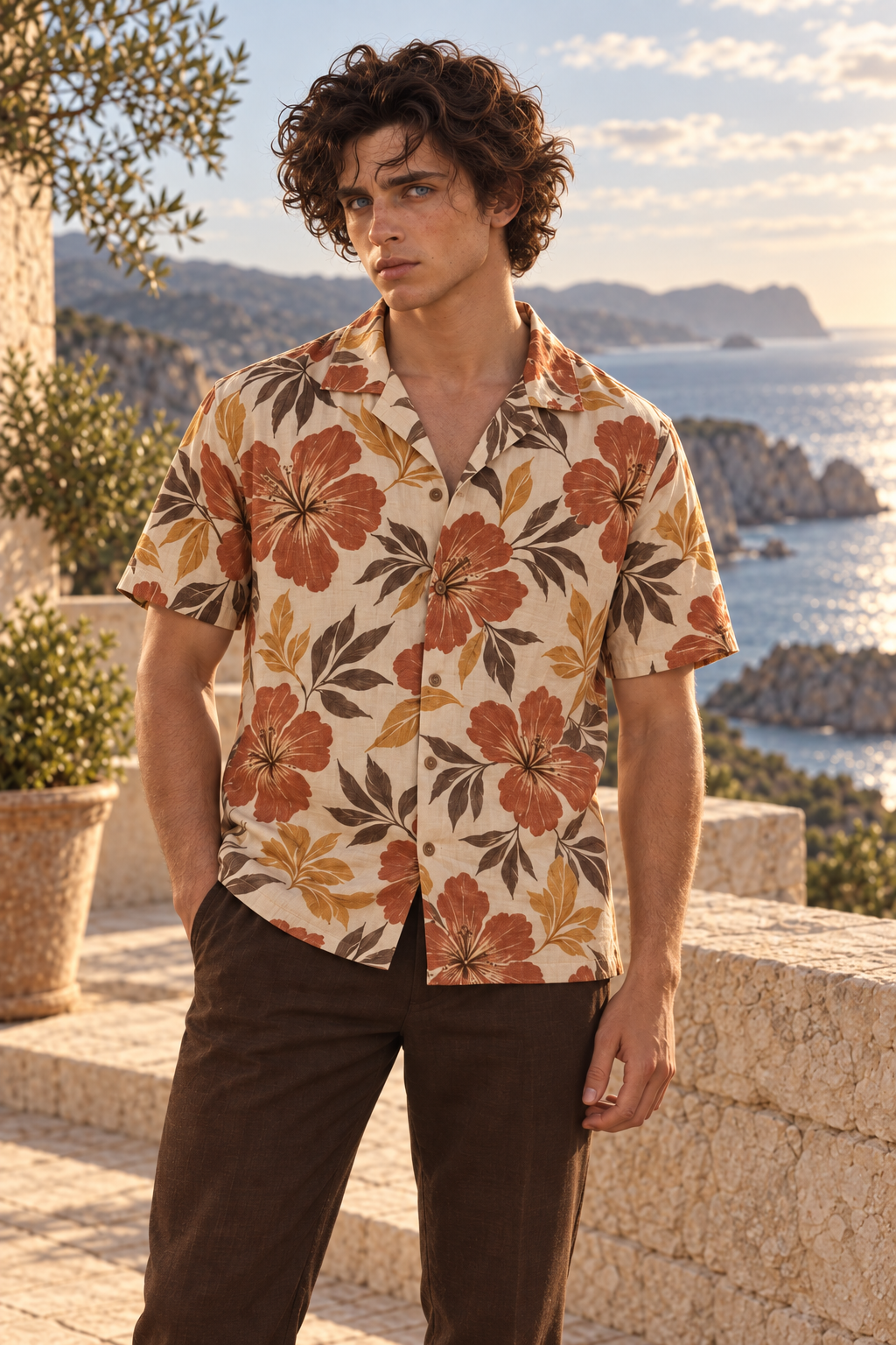Men's Afterglow Copper Hibiscus Hawaiian Shirt – Ecru & Copper