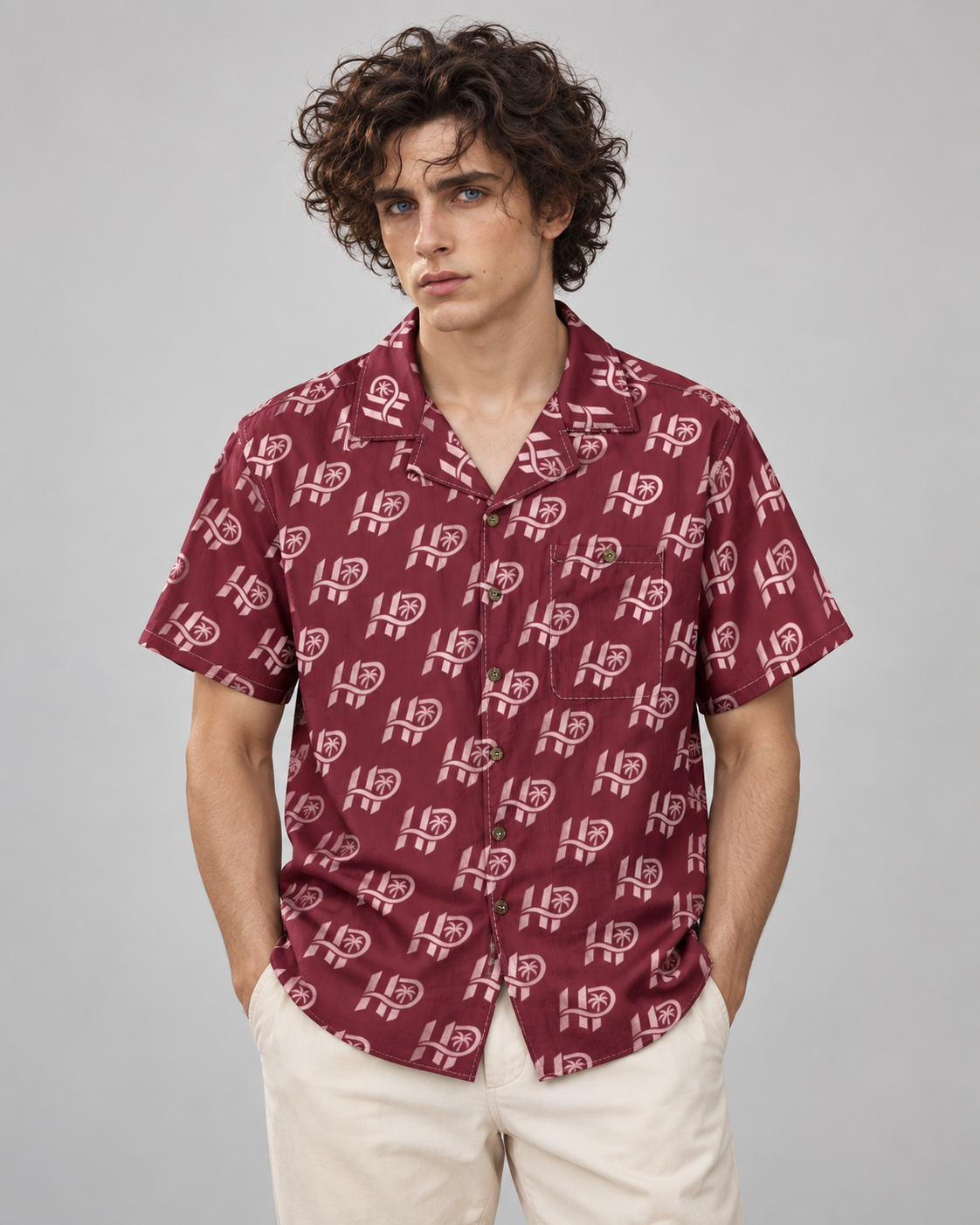 Men's HP Signature Monogram Hawaiian Shirt – Burgundy & Blush