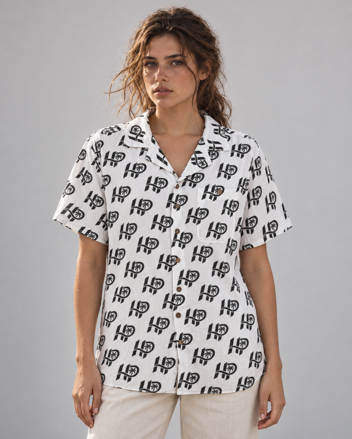 Women's HP Signature Monogram Hawaiian Shirt – White & Black