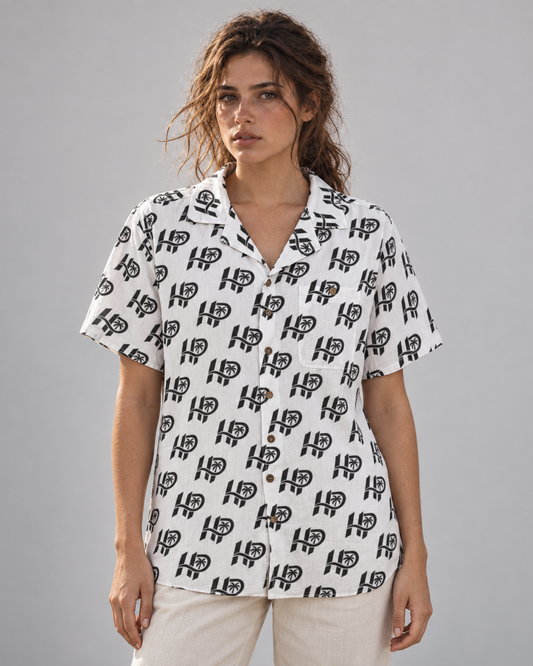 Women's HP Signature Monogram Hawaiian Shirt – White & Black
