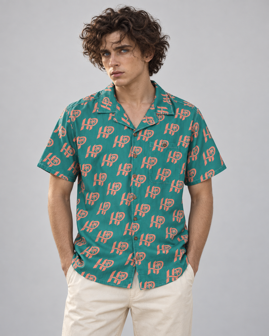 Men's HP Signature Monogram Hawaiian Shirt – Teal & Coral