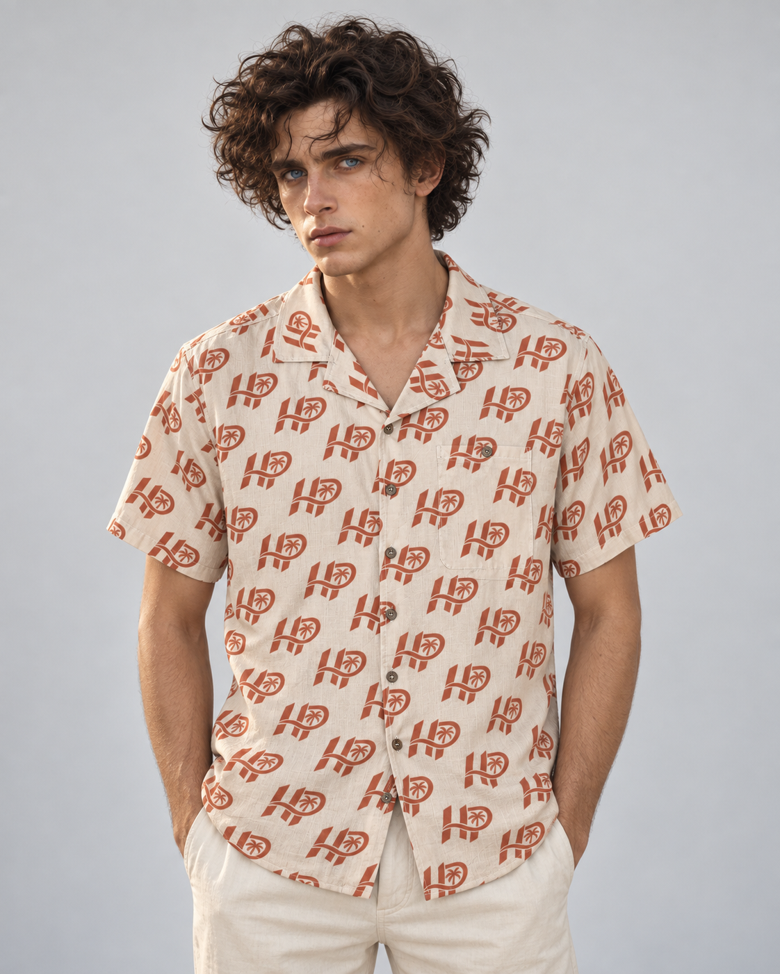 Men's HP Signature Monogram Hawaiian Shirt – Ivory & Terracotta