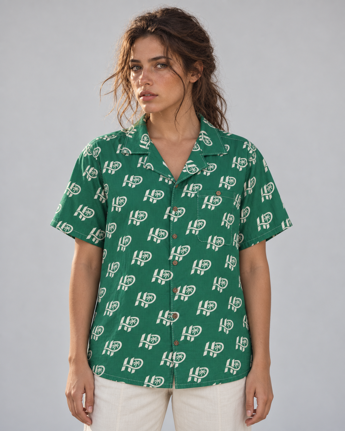 Women's HP Signature Monogram Hawaiian Shirt – Emerald & Cream