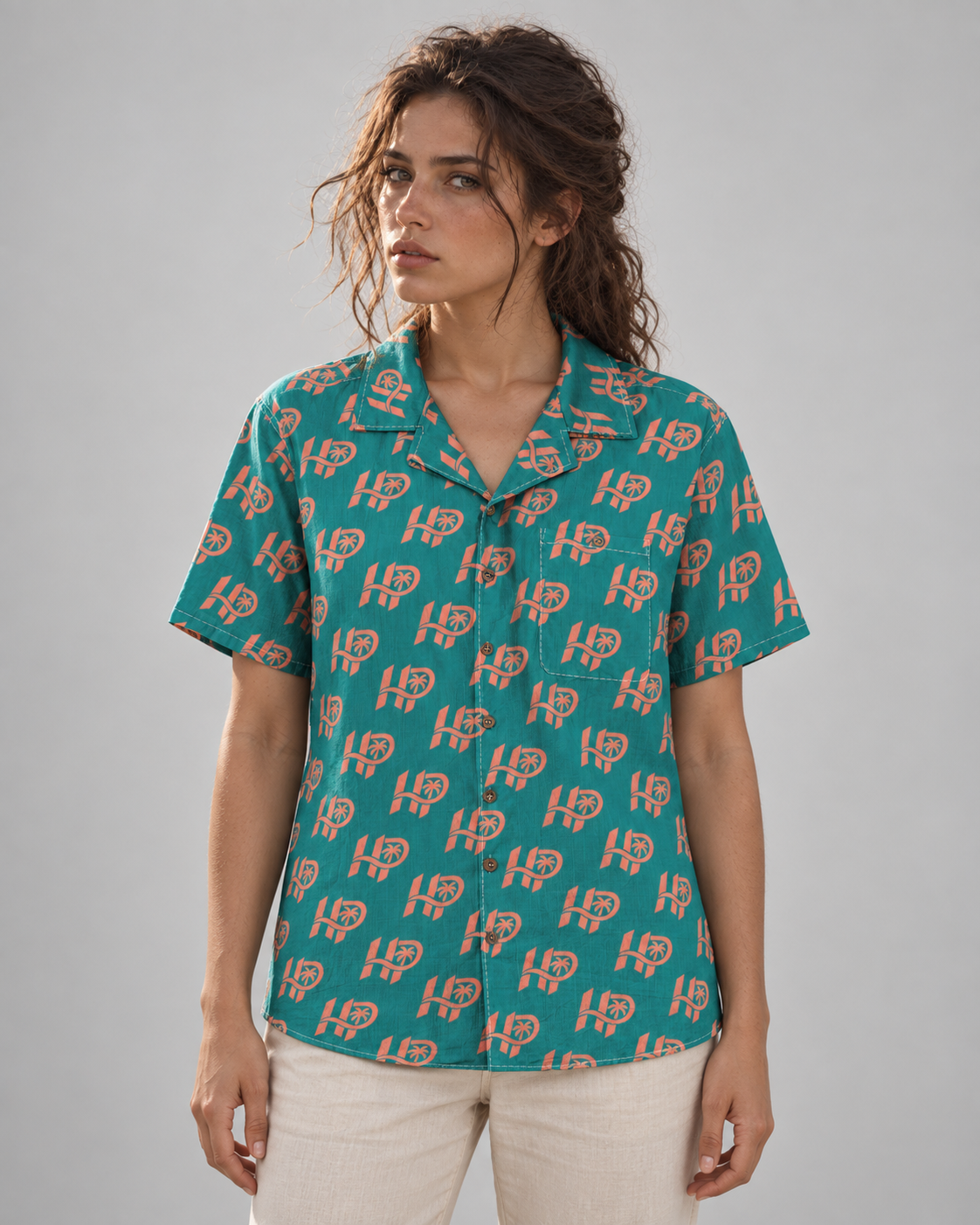 Women's HP Signature Monogram Hawaiian Shirt – Teal & Coral