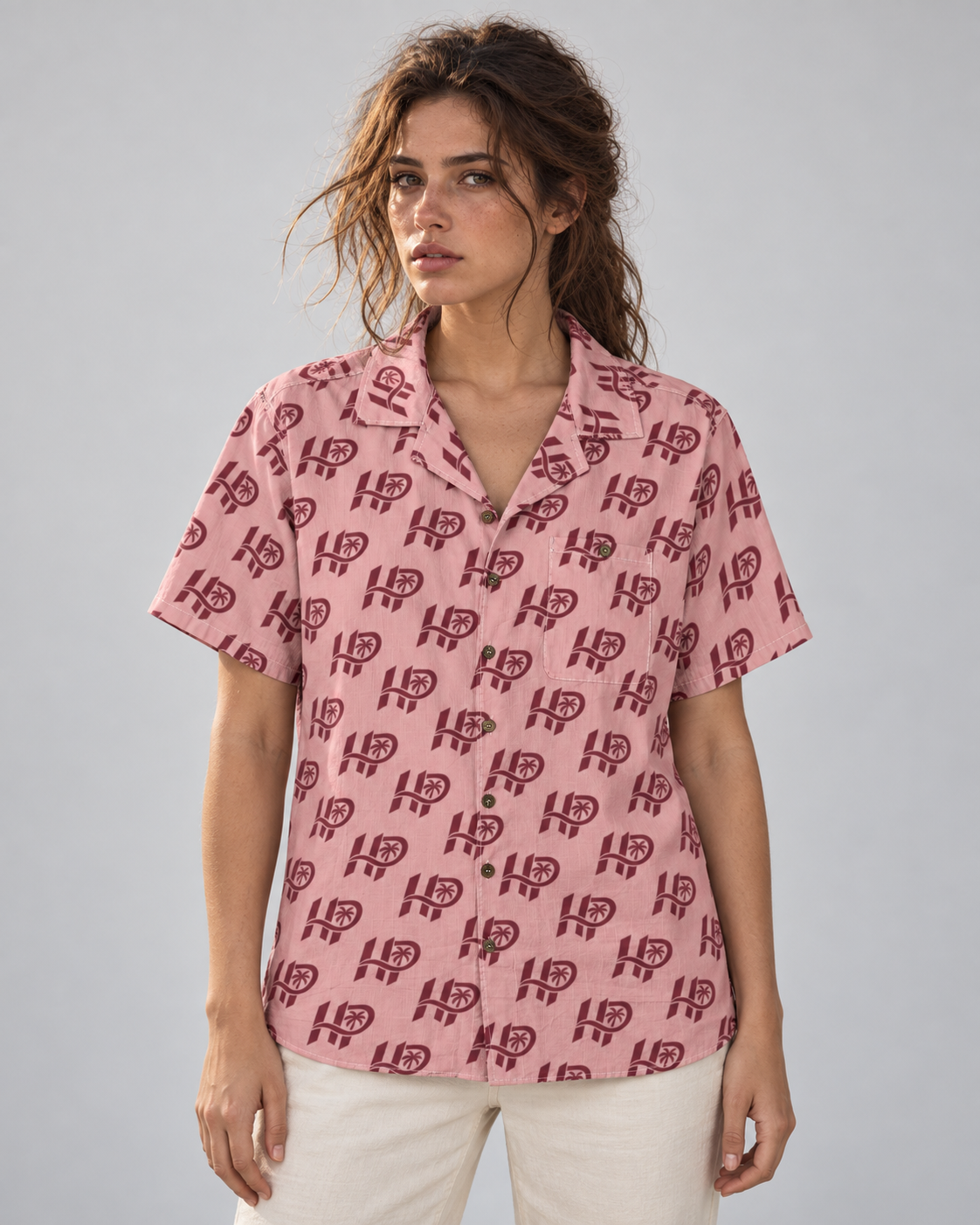 Women's HP Signature Monogram Hawaiian Shirt – Blush & Burgundy