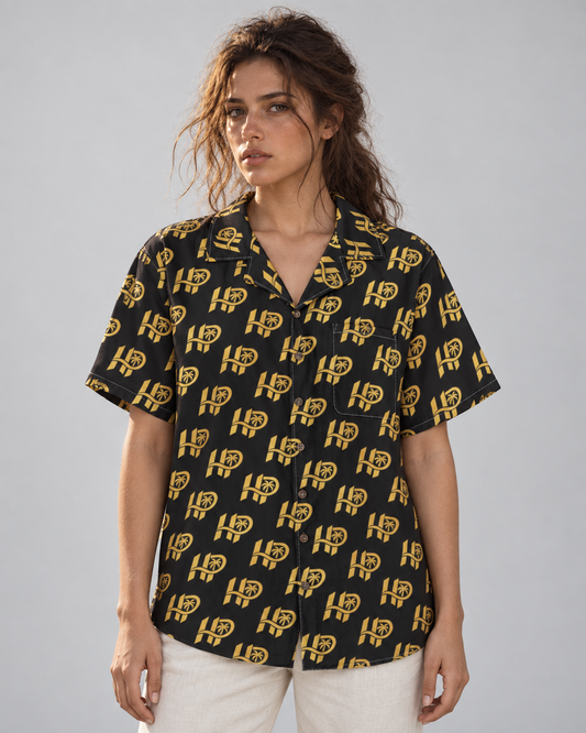 Women's HP Signature Monogram Hawaiian Shirt – Black & Gold