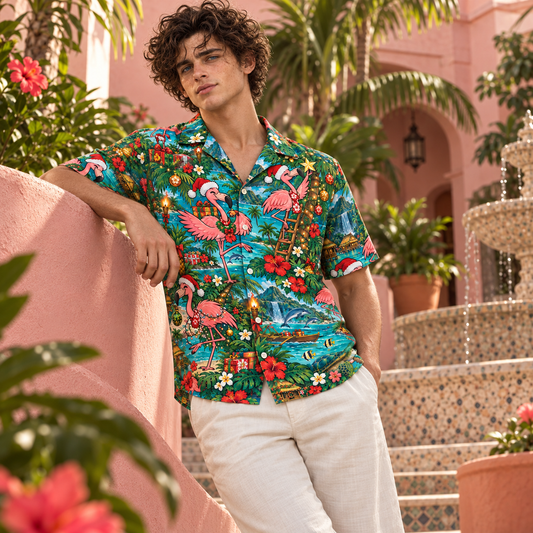 Men's Christmas 2026 Festive Flamingos Hawaiian Shirt