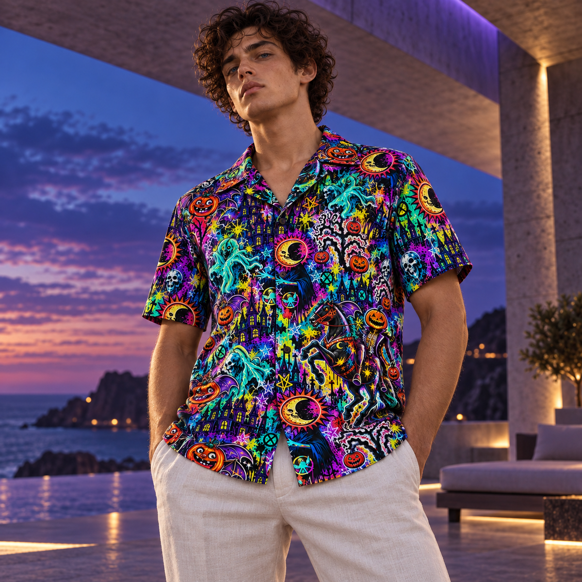 Men's Halloween 2026 Neon Pumpkin Rider Hawaiian Shirt