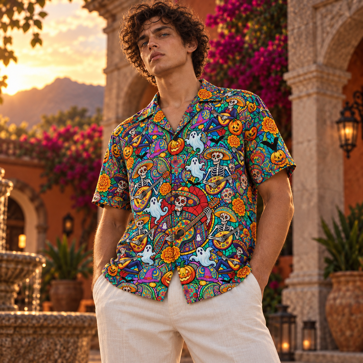 Men's Halloween 2026 Marigold Skeleton Serenade Hawaiian Shirt