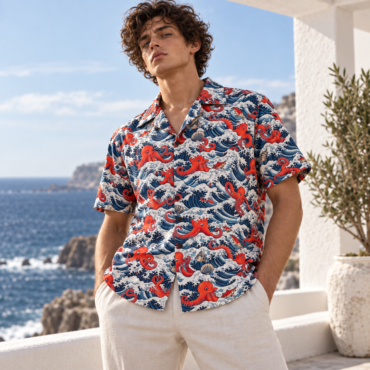 Men's Halloween 2026 Crimson Octopus Wave Hawaiian Shirt