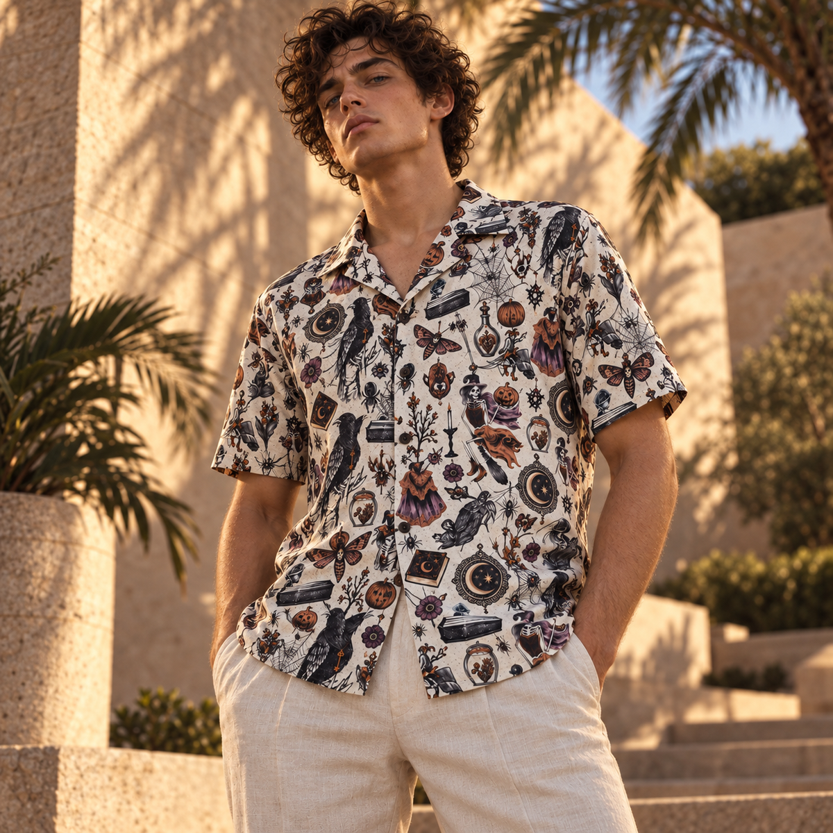 Men's Halloween 2026 Copper Moon Raven Hawaiian Shirt