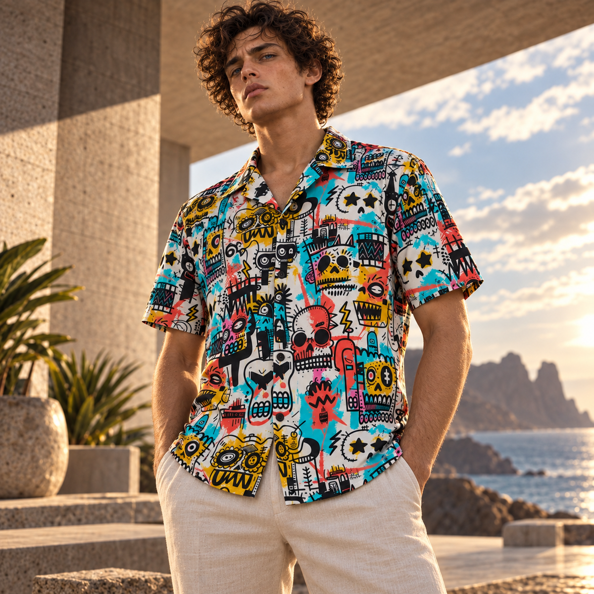 Men's Halloween 2026 Electric Skull Graffiti Hawaiian Shirt