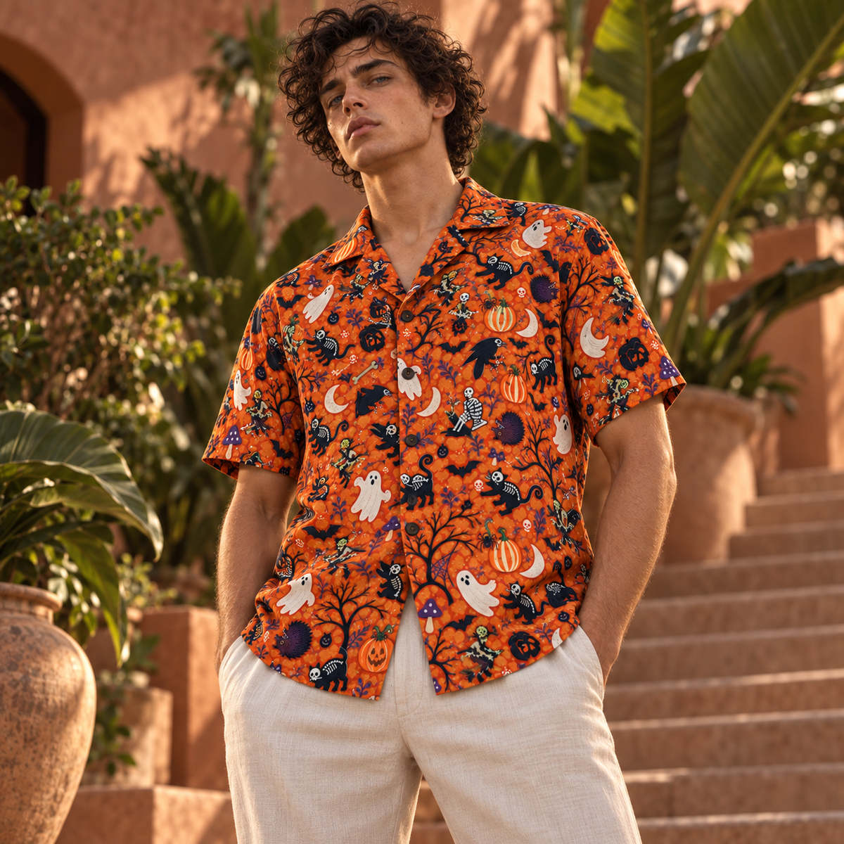 Men's Halloween 2026 Tangerine Ghost Parade Hawaiian Shirt