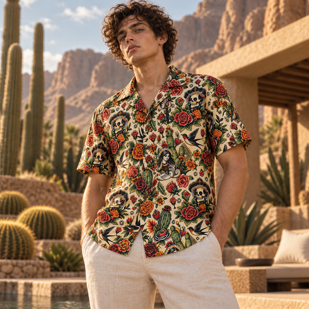 Men's Halloween 2026 Desert Skull Rose Hawaiian Shirt
