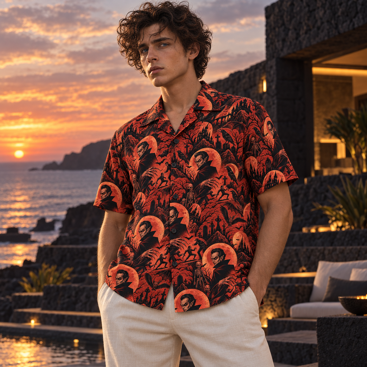 Men's Halloween 2026 Blood Moon Vampire Hawaiian Shirt