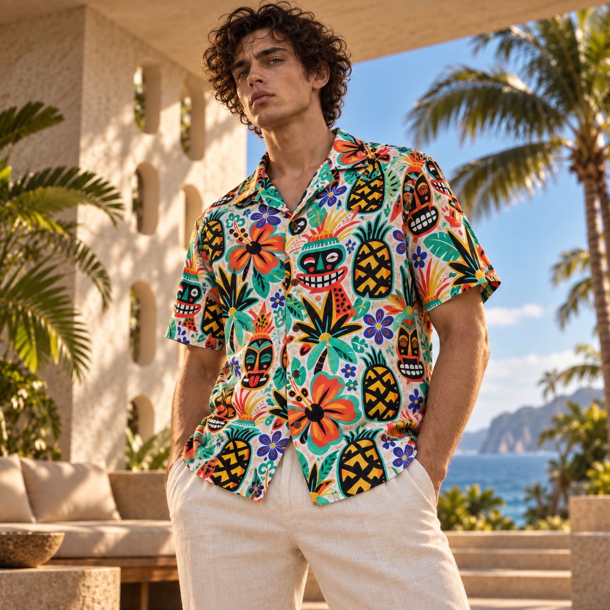 Men's Halloween 2026 Coral Tiki Masquerade Hawaiian Shirt