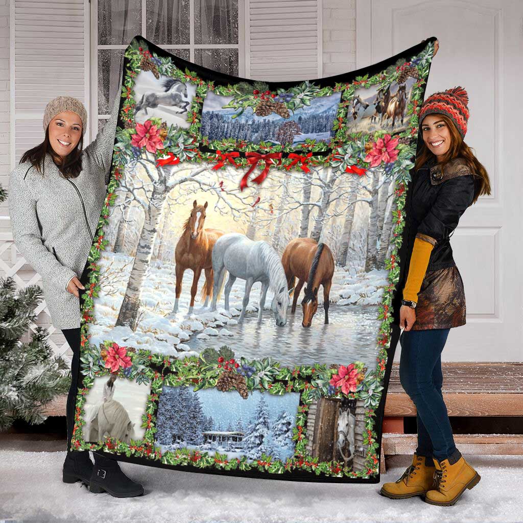 Horse Christmas Horse Near The River Flannel Blanket For Soft Bed Couch And Home Comfort
