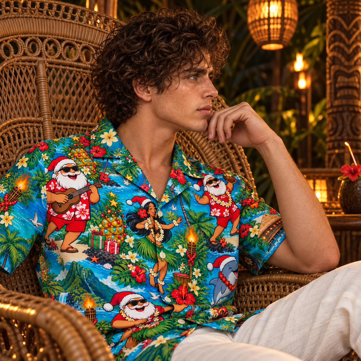 Men's Christmas 2026 Tiki Santa Party Hawaiian Shirt