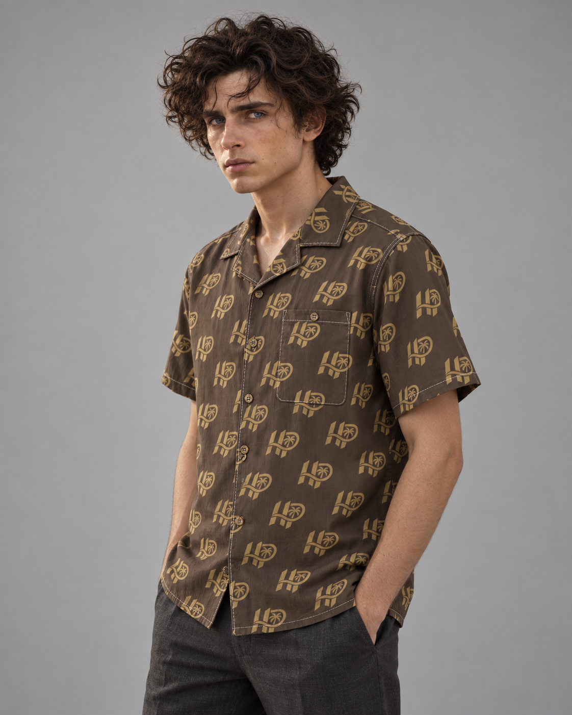 HP Palm Monogram Hawaiian Shirt – Brown & Gold