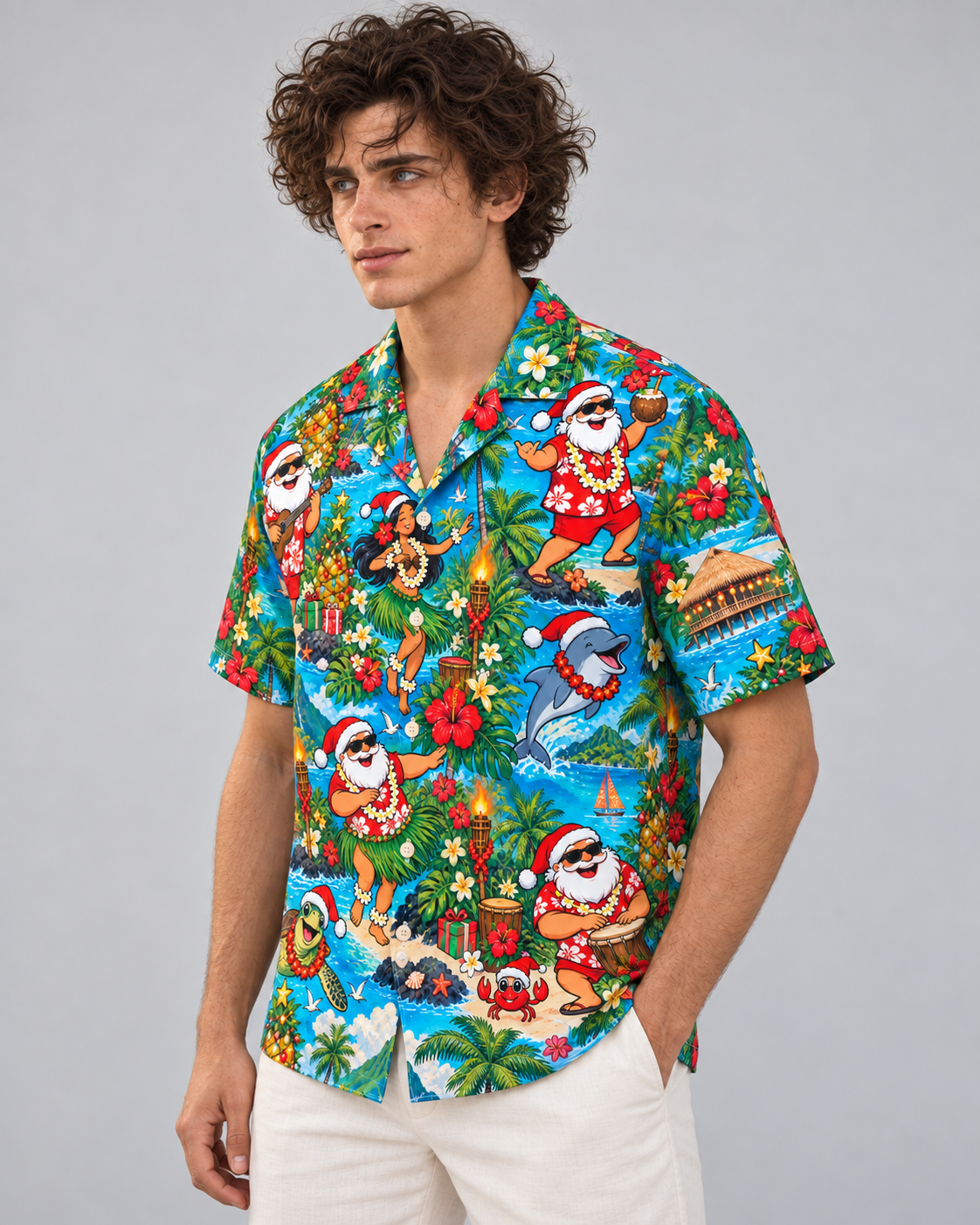 Men's Christmas 2026 Tiki Santa Party Hawaiian Shirt
