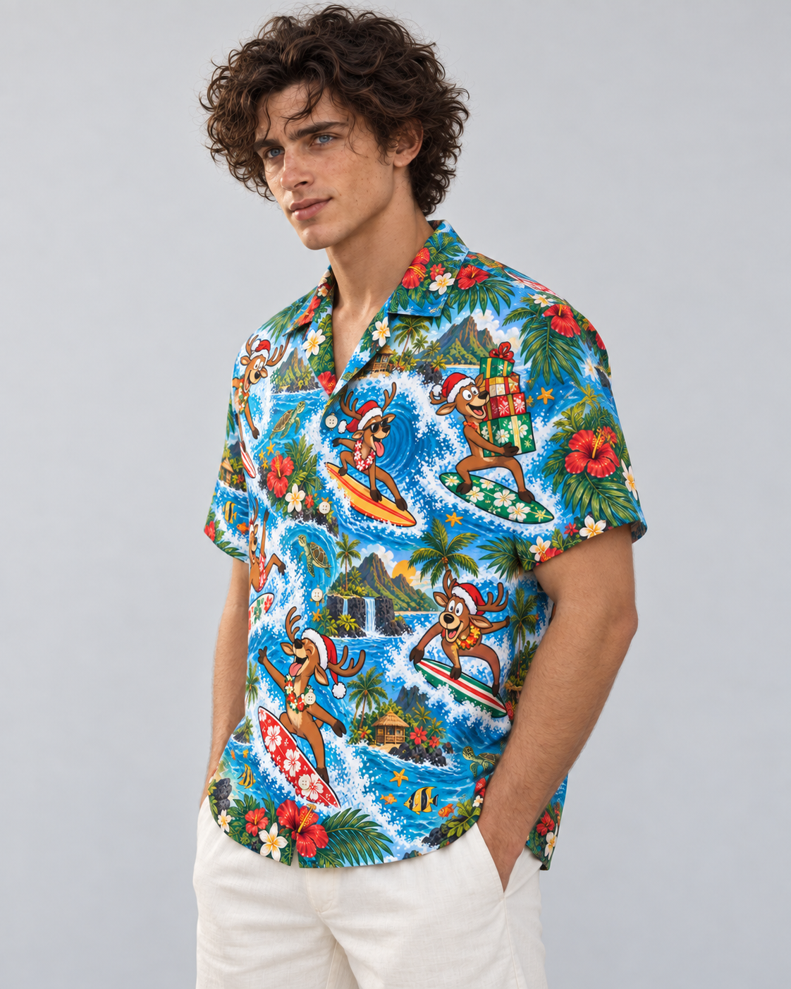 Men's Christmas 2026 Surfing Reindeer Hawaiian Shirt