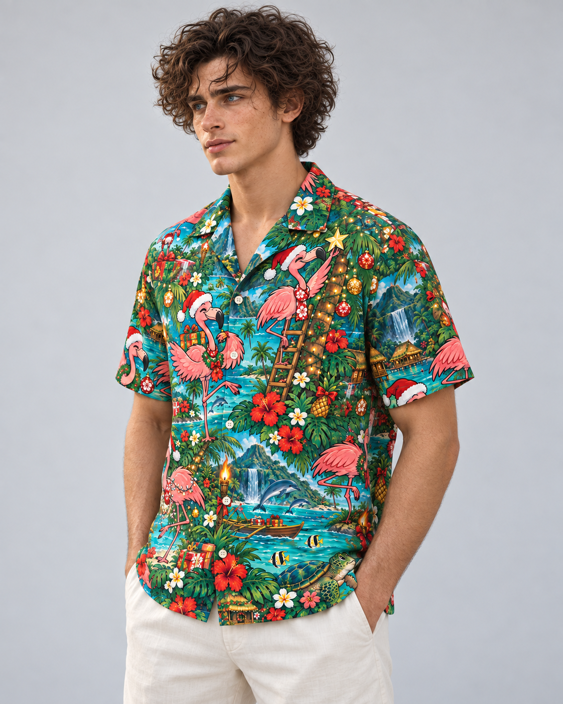 Men's Christmas 2026 Festive Flamingos Hawaiian Shirt