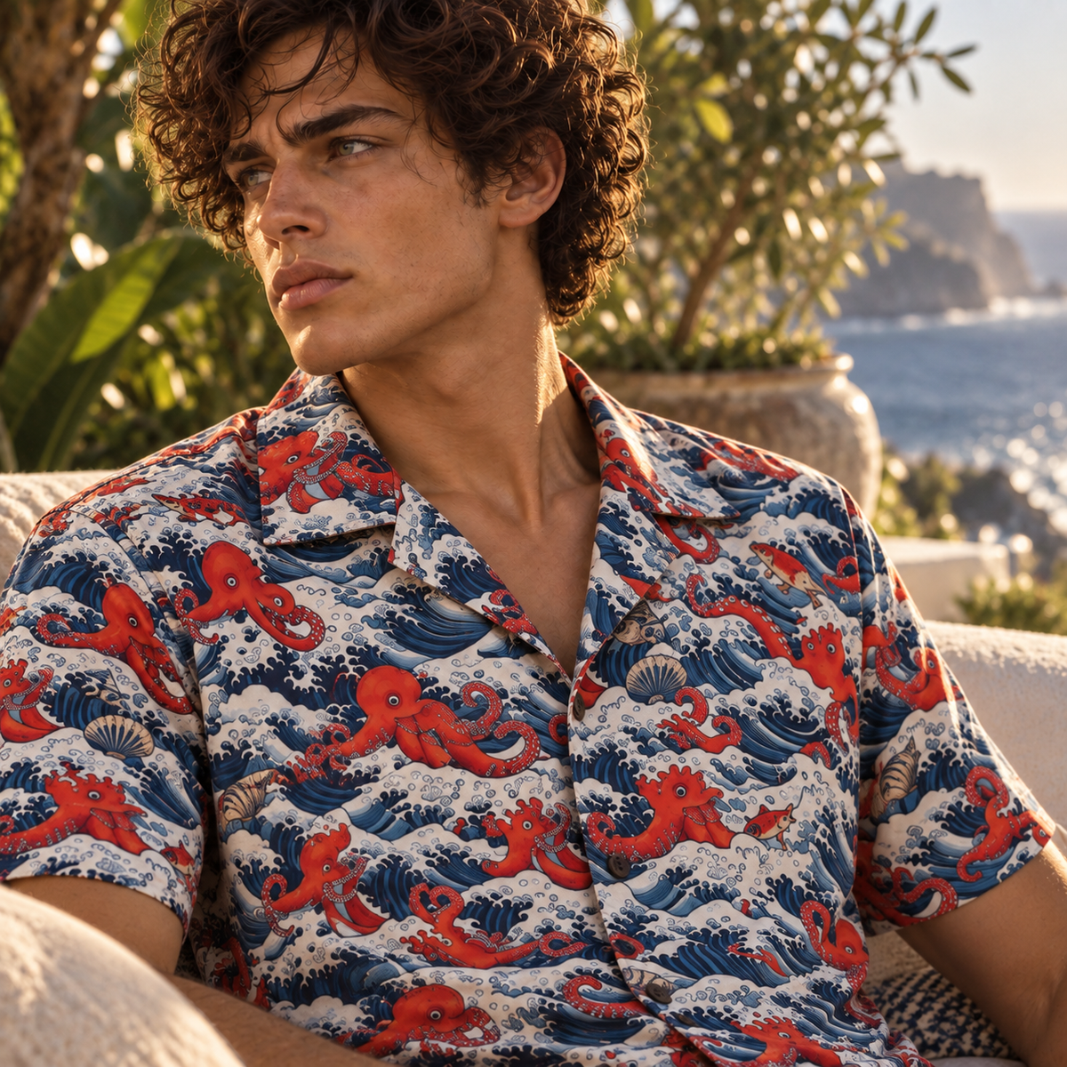 Men's Halloween 2026 Crimson Octopus Wave Hawaiian Shirt