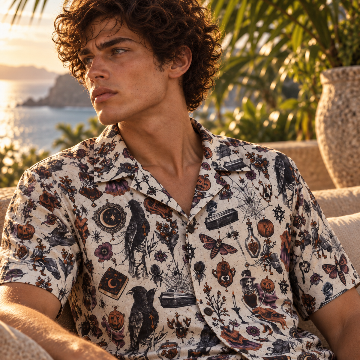 Men's Halloween 2026 Copper Moon Raven Hawaiian Shirt