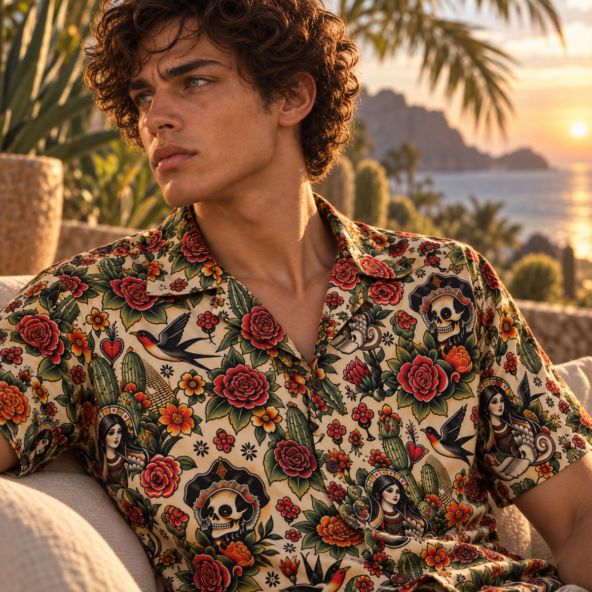 Men's Halloween 2026 Desert Skull Rose Hawaiian Shirt