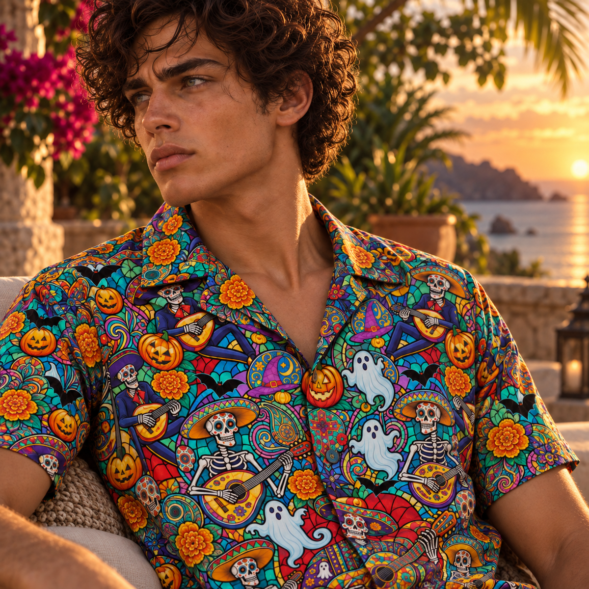 Men's Halloween 2026 Marigold Skeleton Serenade Hawaiian Shirt