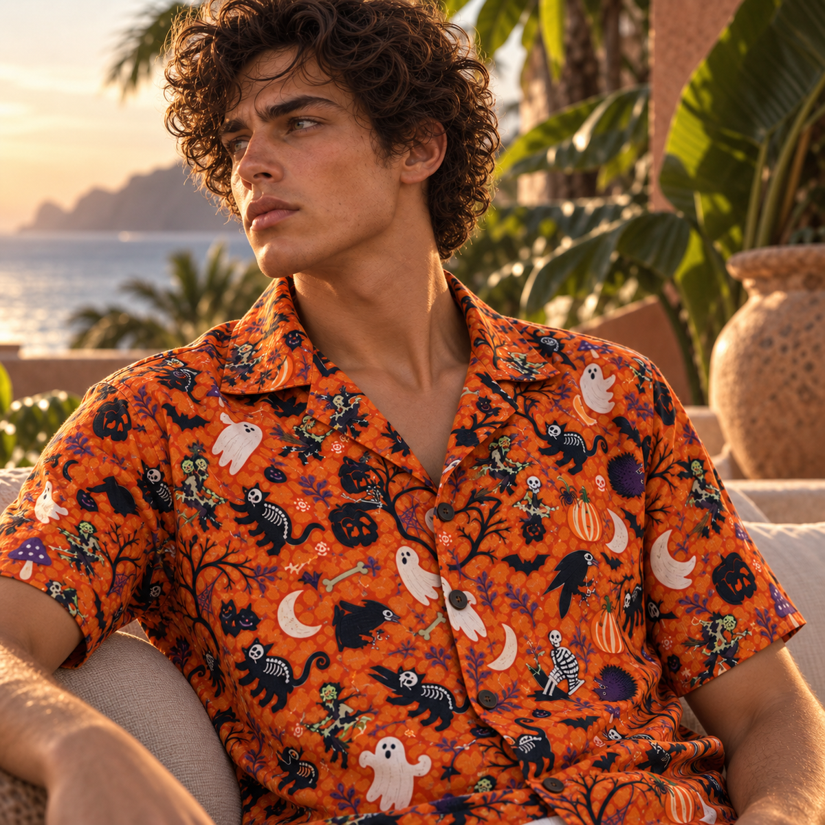 Men's Halloween 2026 Tangerine Ghost Parade Hawaiian Shirt
