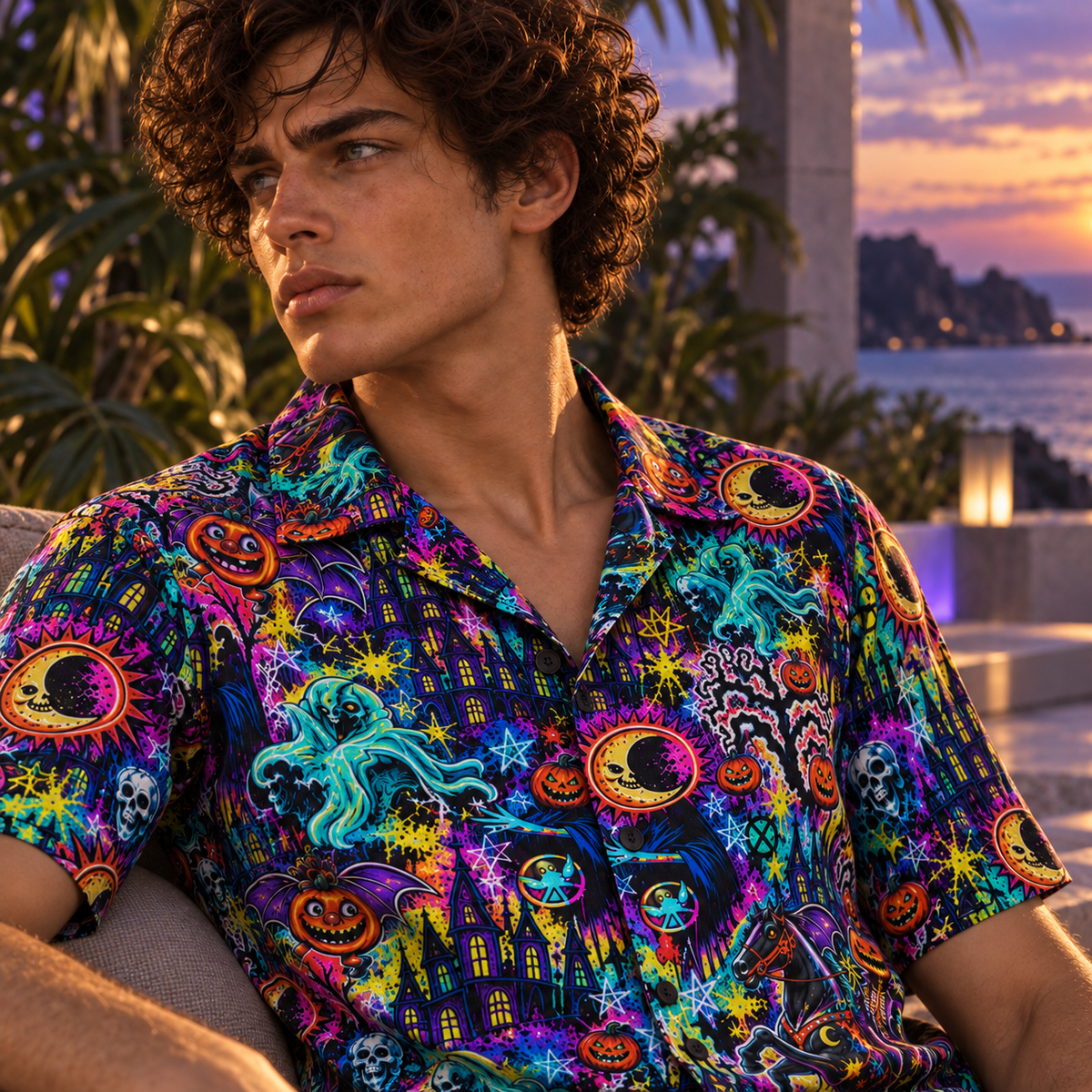 Men's Halloween 2026 Neon Pumpkin Rider Hawaiian Shirt