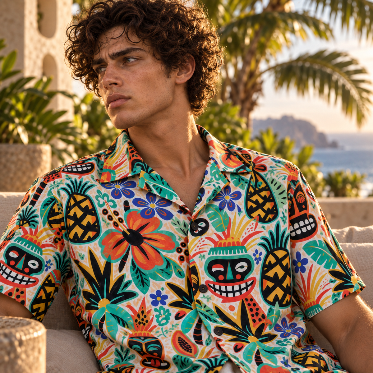 Men's Halloween 2026 Coral Tiki Masquerade Hawaiian Shirt