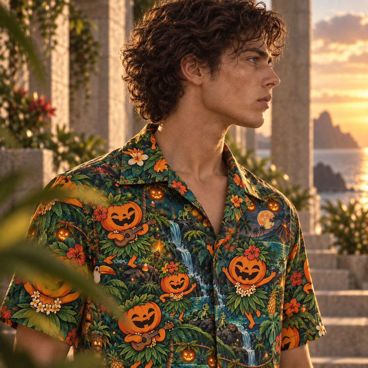 Men's Halloween 2026 Pumpkin Hula Party Hawaiian Shirt