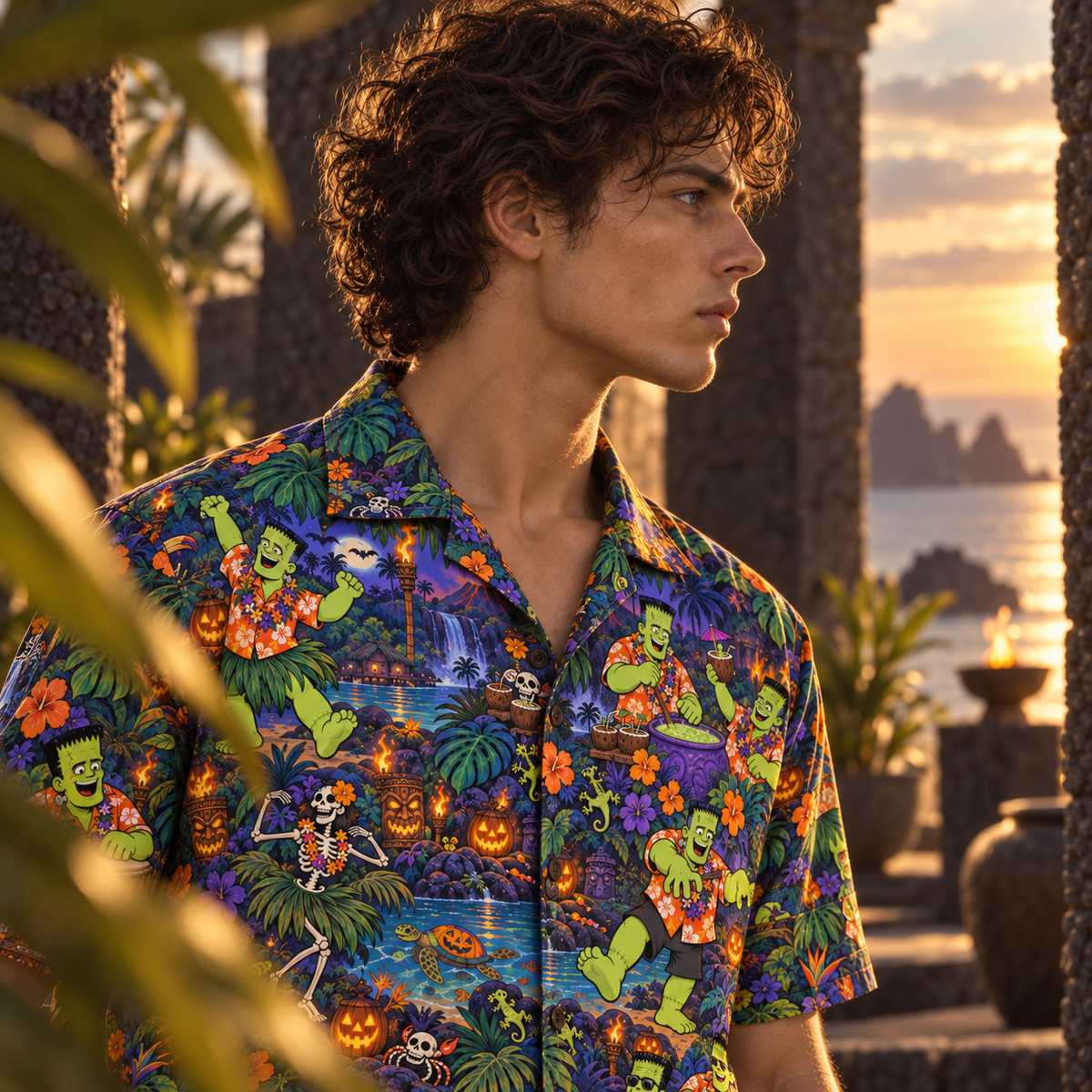 Men's Halloween 2026 Frankenstein Island Luau Hawaiian Shirt