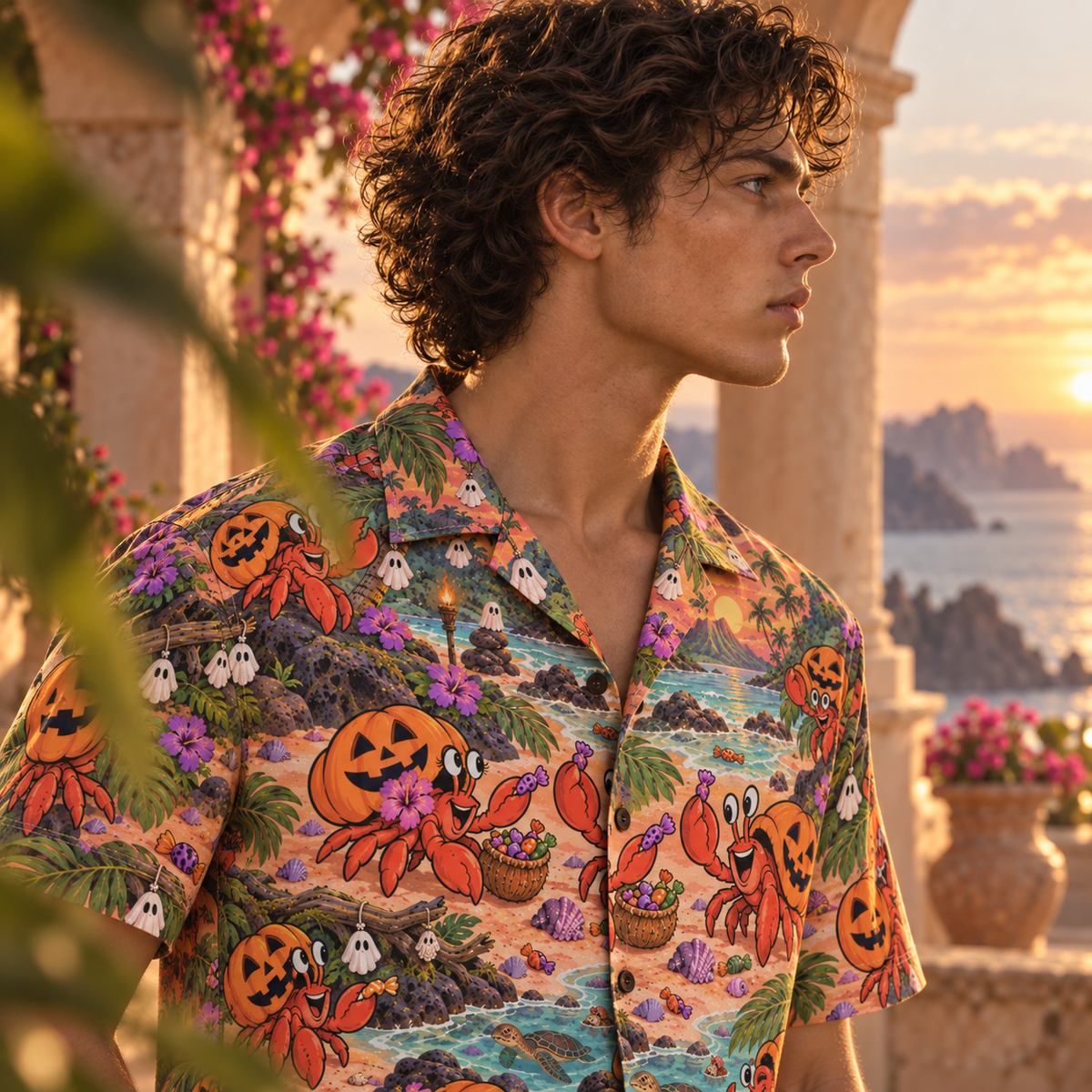 Men's Halloween 2026 Hermit Crab Haunted Beach Hawaiian Shirt