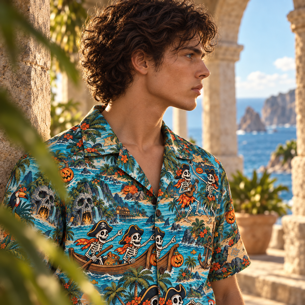 Men's Halloween 2026 Skeleton Pirate Cove Hawaiian Shirt