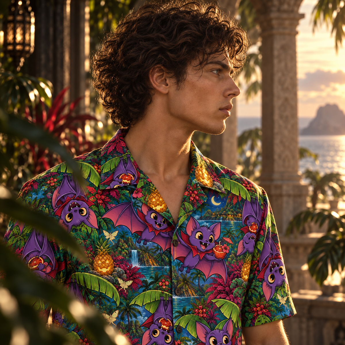 Men's Halloween 2026 Vampire Bat Botanical Hawaiian Shirt