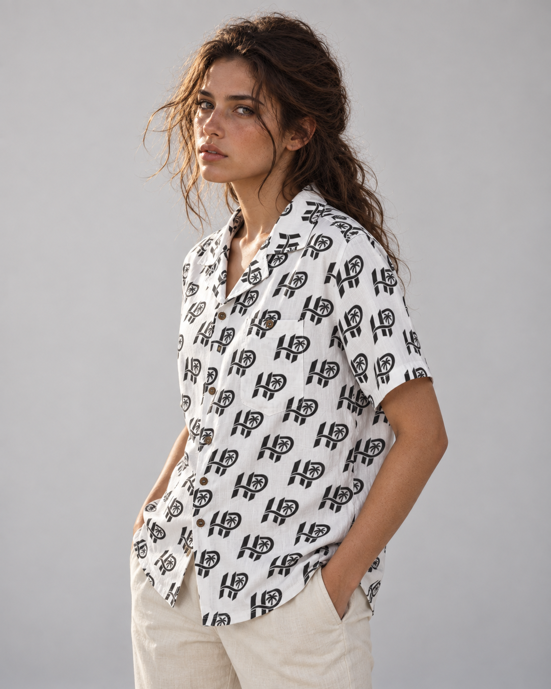 Women's HP Signature Monogram Hawaiian Shirt – White & Black