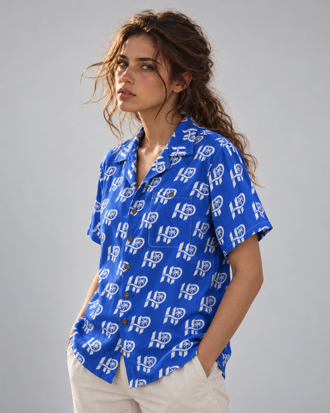 Women's HP Signature Monogram Hawaiian Shirt – Royal Blue & White
