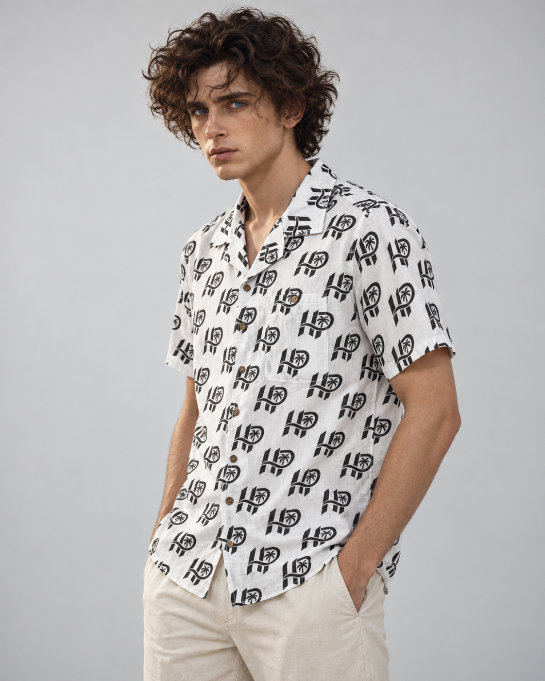 Men's HP Signature Monogram Hawaiian Shirt – White & Black