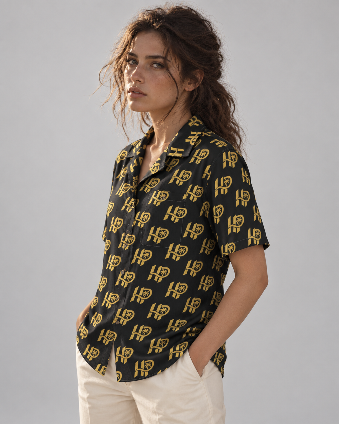 Women's HP Signature Monogram Hawaiian Shirt – Black & Gold