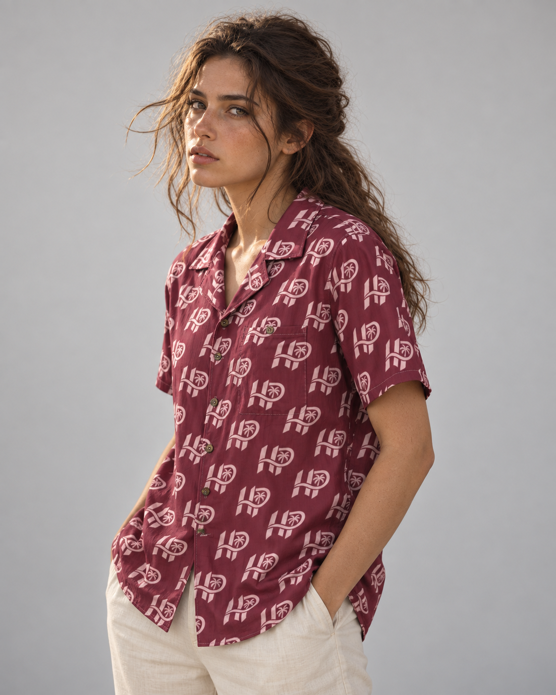 Women's HP Signature Monogram Hawaiian Shirt – Burgundy & Blush