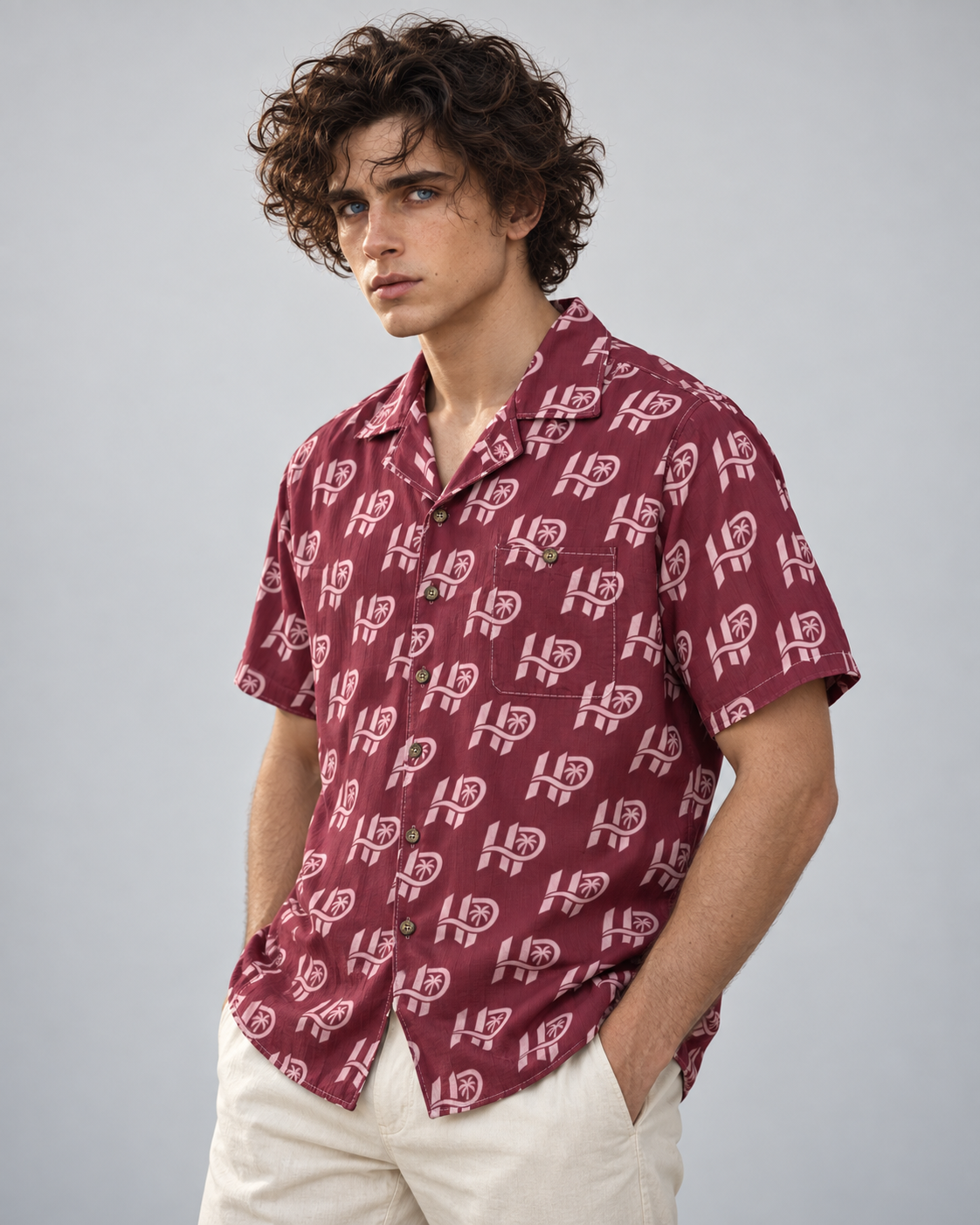 Men's HP Signature Monogram Hawaiian Shirt – Burgundy & Blush