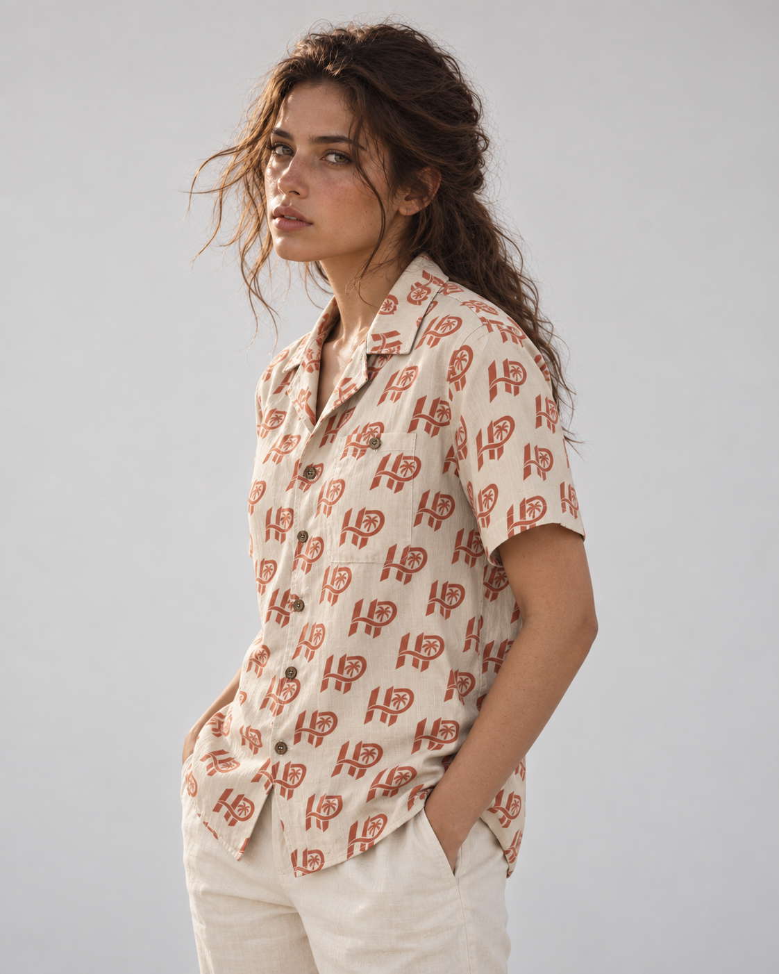 Women's HP Signature Monogram Hawaiian Shirt – Ivory & Terracotta