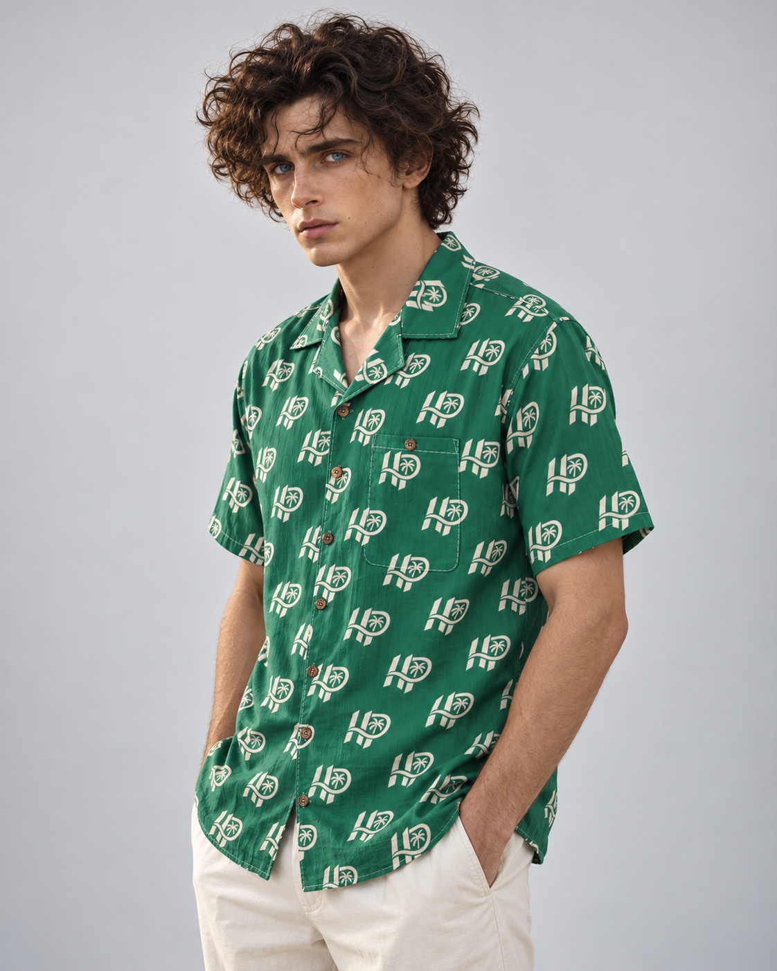 Men's HP Signature Monogram Hawaiian Shirt – Emerald & Cream