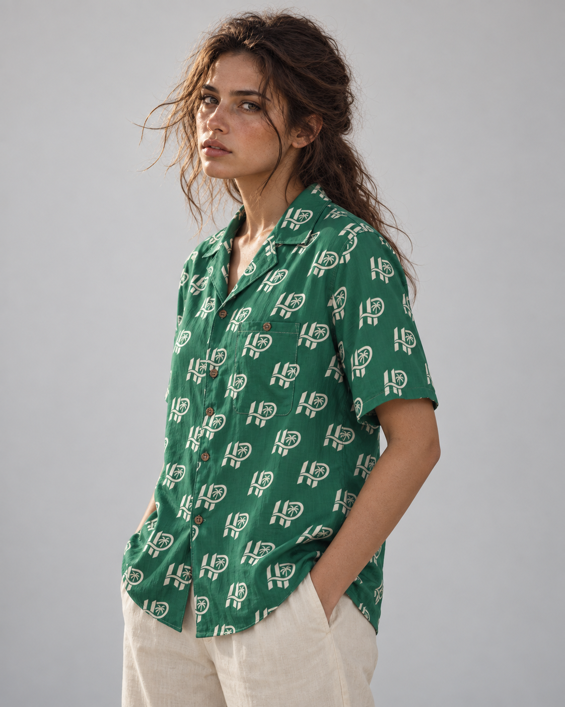 Women's HP Signature Monogram Hawaiian Shirt – Emerald & Cream