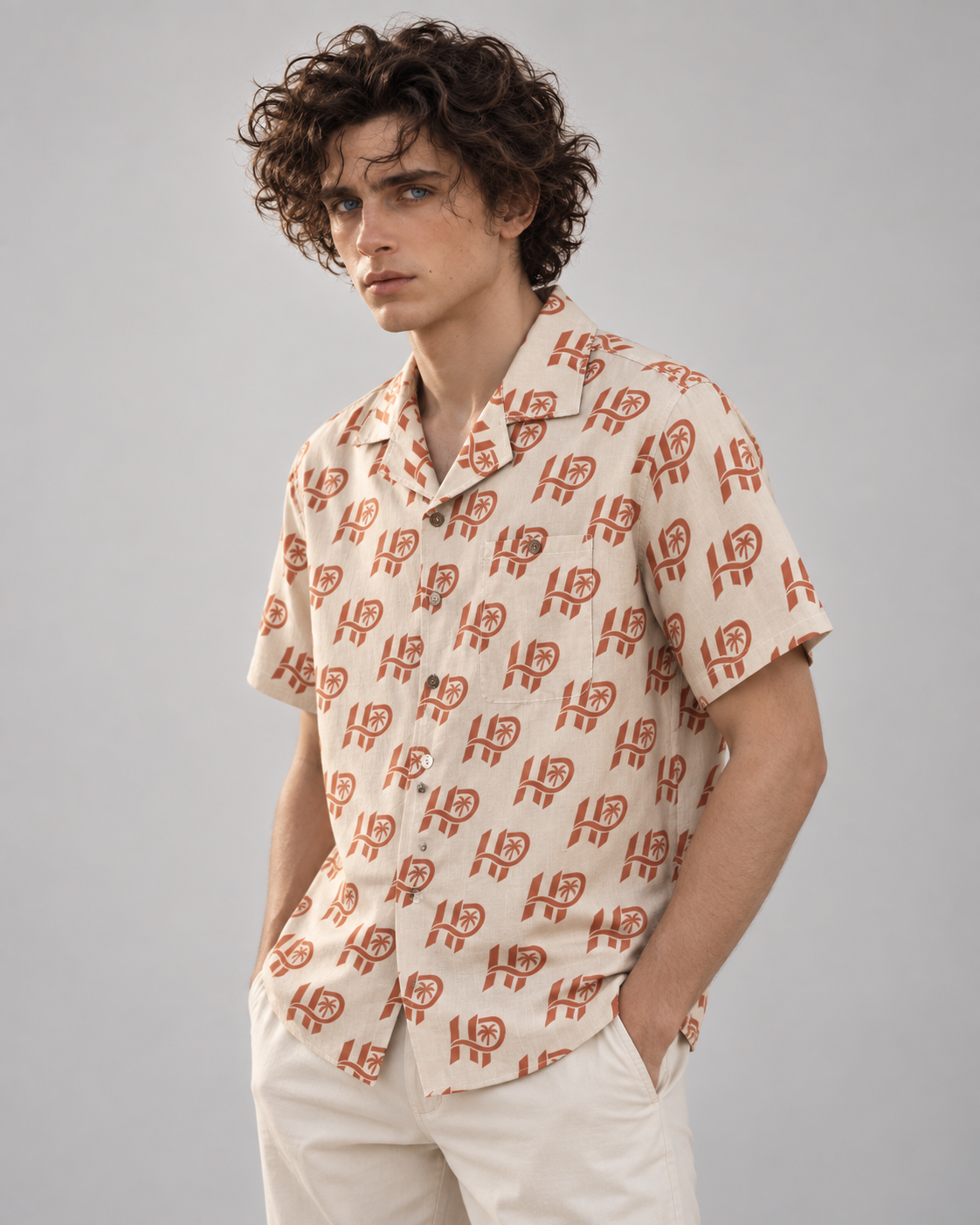 Men's HP Signature Monogram Hawaiian Shirt – Ivory & Terracotta