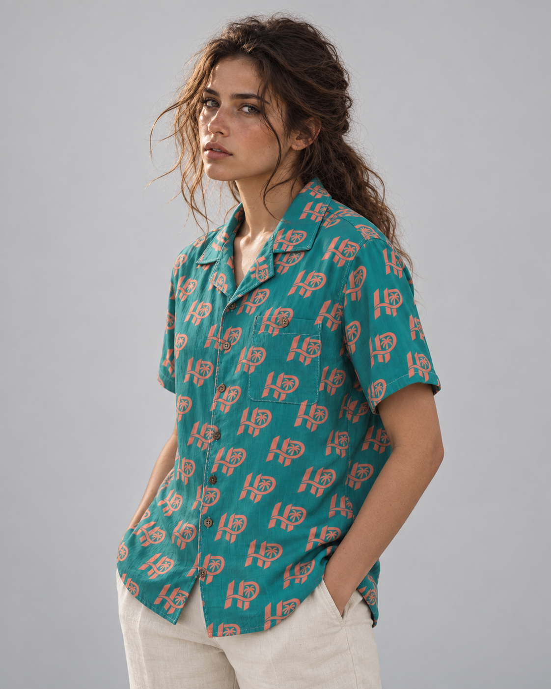 Women's HP Signature Monogram Hawaiian Shirt – Teal & Coral