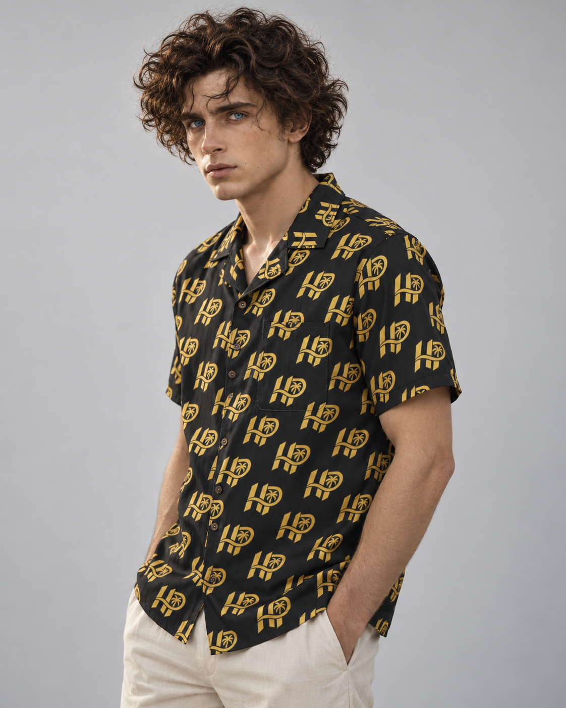 Men's HP Signature Monogram Hawaiian Shirt – Black & Gold